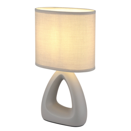 Stolní lampa, keramická šedá, textilní šedá, PVC kabel bílý, kolébkový vypínač na kabelu, DxŠxV: 170x100x300mm, délka kabelu 1300mm, bez žárovky 1xE14, max. 40W 230V