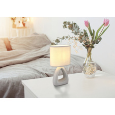 Stolní lampa, keramická šedá, textilní šedá, PVC kabel bílý, kolébkový vypínač na kabelu, DxŠxV: 170x100x300mm, délka kabelu 1300mm, bez žárovky 1xE14, max. 40W 230V