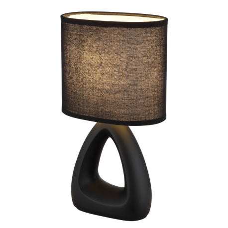 Stolní lampa, černá keramika, černý textil, černý PVC kabel, kolébkový vypínač na kabelu, DxŠxV: 170x100x300mm, délka kabelu 1300mm, bez žárovky 1xE14, max. 40W 230V