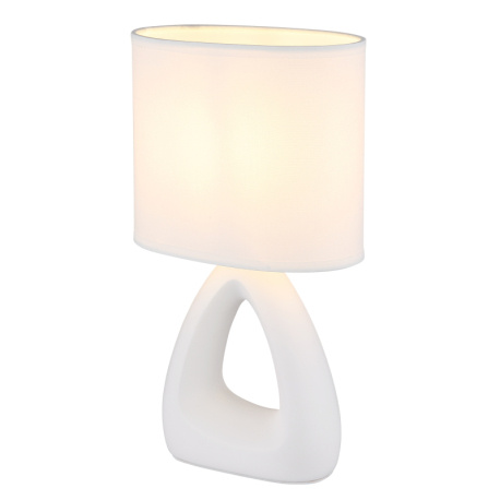 Stolní lampa, bílá keramika, bílý textil, bílý PVC kabel, kolébkový vypínač na kabelu, DxŠxV: 170x100x300mm, délka kabelu 1300mm, bez žárovky 1xE14, max. 40W 230V