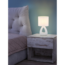 Stolní lampa, bílá keramika, bílý textil, bílý PVC kabel, kolébkový vypínač na kabelu, DxŠxV: 170x100x300mm, délka kabelu 1300mm, bez žárovky 1xE14, max. 40W 230V