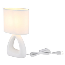 Stolní lampa, bílá keramika, bílý textil, bílý PVC kabel, kolébkový vypínač na kabelu, DxŠxV: 170x100x300mm, délka kabelu 1300mm, bez žárovky 1xE14, max. 40W 230V