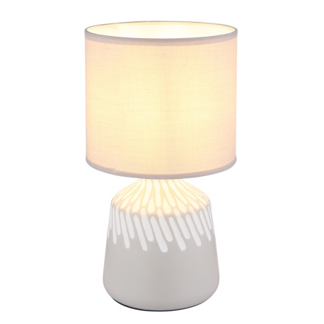 Stolní lampa, keramika v barvě popela, barva textilu popel, PVC kabel bílý, kolébkový vypínač na kabelu, ø: 175mm, V: 315mm, délka kabelu 1300mm, bez žárovky 1xE14, max. 40W 230V