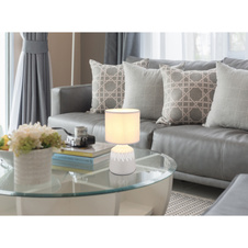 Stolní lampa, keramika v barvě popela, barva textilu popel, PVC kabel bílý, kolébkový vypínač na kabelu, ø: 175mm, V: 315mm, délka kabelu 1300mm, bez žárovky 1xE14, max. 40W 230V