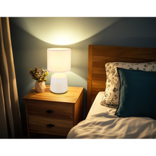 Stolní lampa, keramika v barvě kari, textil kari, bílý PVC kabel, kolébkový vypínač na kabelu, ø: 175mm, V: 315mm, délka kabelu 1300mm, bez žárovky 1xE14, max. 40W 230V