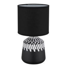 Stolní lampa, černá keramika, černý textil, černý PVC kabel, kolébkový vypínač na kabelu, ø: 175mm, V: 315mm, délka kabelu 1300mm, bez žárovky 1xE14, max. 40W 230V