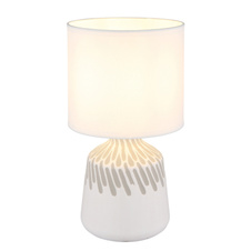Stolní lampa, bílá keramika, bílý textil, bílý PVC kabel, kolébkový vypínač na kabelu, ø: 175mm, V: 315mm, délka kabelu 1300mm, bez žárovky 1xE14, max. 40W 230V