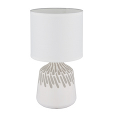 Stolní lampa, bílá keramika, bílý textil, bílý PVC kabel, kolébkový vypínač na kabelu, ø: 175mm, V: 315mm, délka kabelu 1300mm, bez žárovky 1xE14, max. 40W 230V