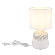 Stolní lampa, bílá keramika, bílý textil, bílý PVC kabel, kolébkový vypínač na kabelu, ø: 175mm, V: 315mm, délka kabelu 1300mm, bez žárovky 1xE14, max. 40W 230V