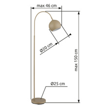 Stojací lampa, kovv barvě písku, černý PVC kabel, nožní spínač v kabelu, DxŠxV: 580x250x1500mm, délka kabelu 1800mm, bez žárovky 1xE27, max. 60W 230V