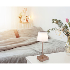 Stolní lampa, plast a hliník v provedení šampaň, plast bílý, dotykový vypínač a stmívání, plynule nastavitelný stmívač, fixace barvy, bez adaptéru, USB-A 2.0 USB-C, nabíjí se a svítí cca 4h, ø: 85mm, V: 255mm, LED 2W 230V, 100lm, CCT 3000-6500K