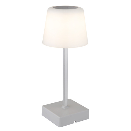 Stolní lampa, plast/hliník stříbrný, plast bílý, dotykový vypínač a stmívání, plynulý stmívač, fixace barev, bez adaptéru, USB-A - USB-C, nabíjí se a svítí cca 4 h, ø: 85mm, V: 255mm, LED 2W 230V, výkon 100lm, CCT 3000-6500K