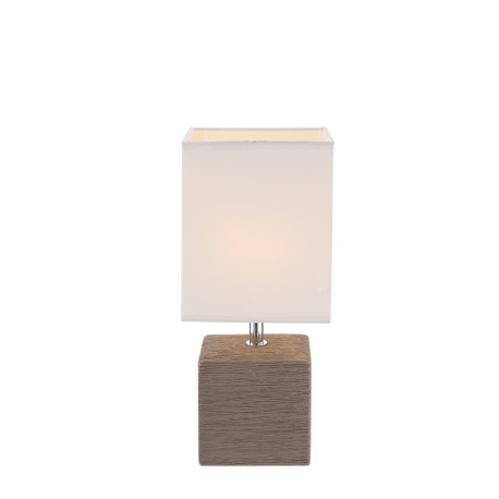 Stolní lampa, keramika hnědá, textil bílý, kabel 1,2m, vypínač, DxŠxV: včetně 13x11x29cm, bez zdroje 1xE14, max. 40W 230V.