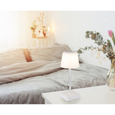 Stolní lampa, plast a hliník bílý, PVC kabel černý, dotykový vypínač a stmívání, plynulá regulace stmívání, fixace barev, bez adaptéru, USB-A - USB-C, nabíjí se a svítí cca 4 h, ø: 85mm, V: 255mm, LED 2W 230V, výkon 100lm, CCT3000-6500K