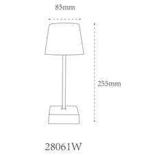 Stolní lampa, plast a hliník bílý, PVC kabel černý, dotykový vypínač a stmívání, plynulá regulace stmívání, fixace barev, bez adaptéru, USB-A - USB-C, nabíjí se a svítí cca 4 h, ø: 85mm, V: 255mm, LED 2W 230V, výkon 100lm, CCT3000-6500K