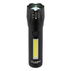Svítilna, hliník černý, průhledný plast, krokový vypínač, USB-A 2.0 - USB-C, baterie CR18650 1200mAh 3,7V, blikací efekt, nastavitelný světelný kužel, dosvit až 80m, nabíjení 4h, svítí 2-3h, ø: 30mm V: 115mm, LED 3W 100lm, 5500K, LED 3W 130lm, 5000K