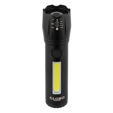 Svítilna, hliník černý, průhledný plast, krokový vypínač, USB-A 2.0 - USB-C, baterie CR18650 1200mAh 3,7V, blikací efekt, nastavitelný světelný kužel, dosvit až 80m, nabíjení 4h, svítí 2-3h, ø: 30mm V: 115mm, LED 3W 100lm, 5500K, LED 3W 130lm, 5000K