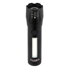 Svítilna, hliník černý, průhledný plast, krokový vypínač, USB-A 2.0 - USB-C, baterie CR18650 1200mAh 3,7V, blikací efekt, nastavitelný světelný kužel, dosvit až 80m, nabíjení 4h, svítí 2-3h, ø: 30mm V: 115mm, LED 3W 100lm, 5500K, LED 3W 130lm, 5000K