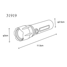 Svítilna, hliník černý, průhledný plast, krokový vypínač, USB-A 2.0 - USB-C, baterie CR18650 1200mAh 3,7V, blikací efekt, nastavitelný světelný kužel, dosvit až 80m, nabíjení 4h, svítí 2-3h, ø: 30mm V: 115mm, LED 3W 100lm, 5500K, LED 3W 130lm, 5000K