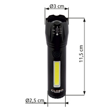 Svítilna, hliník černý, průhledný plast, krokový vypínač, USB-A 2.0 - USB-C, baterie CR18650 1200mAh 3,7V, blikací efekt, nastavitelný světelný kužel, dosvit až 80m, nabíjení 4h, svítí 2-3h, ø: 30mm V: 115mm, LED 3W 100lm, 5500K, LED 3W 130lm, 5000K