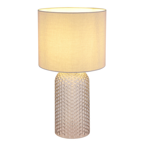 Stolní lampa, šedé sklo, šedý textil, bílý PVC kabel, kolébkový vypínač na kabelu, ø: 265 mm, V: 500 mm, délka kabelu 1300 mm, bez žárovky 1xE27, max. 60W 230V