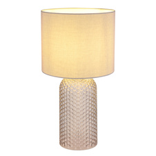 Stolní lampa, šedé sklo, šedý textil, bílý PVC kabel, kolébkový vypínač na kabelu, ø: 265 mm, V: 500 mm, délka kabelu 1300 mm, bez žárovky 1xE27, max. 60W 230V