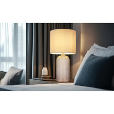 Stolní lampa, šedé sklo, šedý textil, bílý PVC kabel, kolébkový vypínač na kabelu, ø: 265 mm, V: 500 mm, délka kabelu 1300 mm, bez žárovky 1xE27, max. 60W 230V