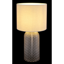 Stolní lampa, šedé sklo, šedý textil, bílý PVC kabel, kolébkový vypínač na kabelu, ø: 265 mm, V: 500 mm, délka kabelu 1300 mm, bez žárovky 1xE27, max. 60W 230V