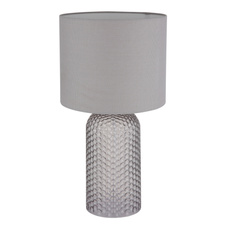 Stolní lampa, šedé sklo, šedý textil, bílý PVC kabel, kolébkový vypínač na kabelu, ø: 265 mm, V: 500 mm, délka kabelu 1300 mm, bez žárovky 1xE27, max. 60W 230V