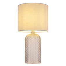 Stolní lampa, šedé sklo, šedý textil, bílý PVC kabel, kolébkový vypínač na kabelu, ø: 265 mm, V: 500 mm, délka kabelu 1300 mm, bez žárovky 1xE27, max. 60W 230V