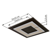 Stropní svítidlo, černý matný kov, tmavě hnědá kartáčovaná MDF, kartáčovaný kov v barvě šampaň, bílý akryl, DxŠxVxH: 320x320x55mm, včetně LED 24W 230V, 2200lm zdroj, 680lm výkon, 3000K