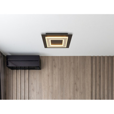 Stropní svítidlo, černý matný kov, tmavě hnědá kartáčovaná MDF, kartáčovaný kov v barvě šampaň, bílý akryl, DxŠxVxH: 320x320x55mm, včetně LED 24W 230V, 2200lm zdroj, 680lm výkon, 3000K