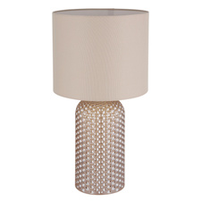 Stolní lampa, sklo v barvě šampaň, textli v barvě šampaň, bílý PVC kabel, kolébkový vypínač na kabelu, ø: 265 mm, V: 500 mm, délka kabelu 1300 mm, bez žárovky 1xE27, max. 60W 230V