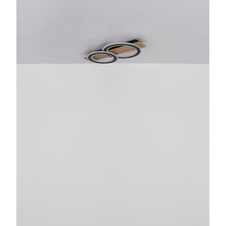 Stropní svítidlo, kov černý mat, MDF tmavě hnědá, kov broušený v barvě šampaň, akryl bílý, DxŠxV: 730x350x70mm, kruh ø: 1x35cm, 2x24cm, včetně LED 50W 230V, zdroj 4700lm, výkon 2300lm, 3000K