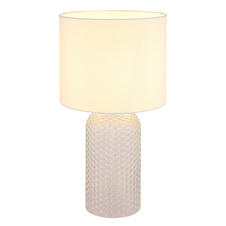 Stolní lampa, bílé sklo, bílý textil, bílý PVC kabel, kolébkový vypínač na kabelu, ø: 265mm, V: 500mm, délka kabelu 1300mm, bez žárovky 1xE27, max. 60W 230V