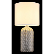 Stolní lampa, bílé sklo, bílý textil, bílý PVC kabel, kolébkový vypínač na kabelu, ø: 265mm, V: 500mm, délka kabelu 1300mm, bez žárovky 1xE27, max. 60W 230V