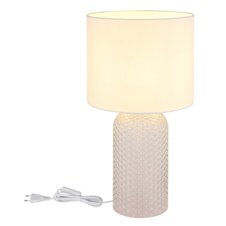 Stolní lampa, bílé sklo, bílý textil, bílý PVC kabel, kolébkový vypínač na kabelu, ø: 265mm, V: 500mm, délka kabelu 1300mm, bez žárovky 1xE27, max. 60W 230V