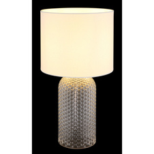 Stolní lampa, bílé sklo, bílý textil, bílý PVC kabel, kolébkový vypínač na kabelu, ø: 265mm, V: 500mm, délka kabelu 1300mm, bez žárovky 1xE27, max. 60W 230V