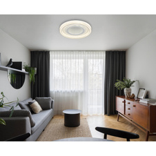 Stropní svítidlo, bílý kov, čiré akrylové krystaly, plastový zrcadlový 3D efekt, čirý akryl, stmívatelné, fixace barvy, paměťová funkce, noční světlo, dálkové ovládání, ø: 480mm, H: 70mm, včetně LED 48W 230V, výkon 220-2640lm, CCT 2700-6000K