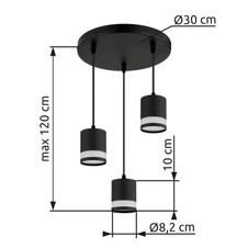 Závěsné svítidlo, černý matný kov, bílý plast, černý PVC kabel, výškově nastavitelné, ø: 300mm, V: 1100mm, včetně 3xGX53 LED 7W 230V, zdroj 600lm, výkon 364lm, 3000K, včetně LED žárovky 10161.