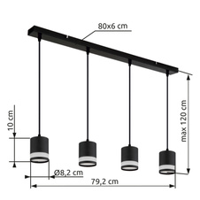 Závěsné svítidlo, černý matný kov, bílý plast, černý PVC kabel, výškově nastavitelné, DxŠxV: 800x82x1200mm, včetně žárovek 4xGX53 LED 7W 230V, zdroj 600lm, výkon 364lm, 3000K, včetně LED žárovky 10161.
