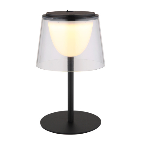 Stolní lampa, kov černý, plast průhledný/černý, dotykové zapínání/vypínání, plynulý dotykový stmívač, paměťová funkce, bez adaptéru, USB-A - USB-C, IP44, nabíjí se a svítí 3h, svítí během nabíjení, ø: 130mm, V: 340mm, LED 1,8W 230V 150lm 3000K