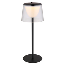 Stolní lampa, kov černý, plast průhledný/černý, dotykové zapínání/vypínání, plynulý dotykový stmívač, paměťová funkce, bez adaptéru, USB-A - USB-C, IP44, nabíjí se a svítí 3h, svítí během nabíjení, ø: 130mm, V: 340mm, LED 1,8W 230V 150lm 3000K