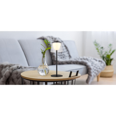 Stolní lampa, kov černý, plast průhledný/černý, dotykové zapínání/vypínání, plynulý dotykový stmívač, paměťová funkce, bez adaptéru, USB-A - USB-C, IP44, nabíjí se a svítí 3h, svítí během nabíjení, ø: 130mm, V: 340mm, LED 1,8W 230V 150lm 3000K
