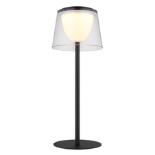 Stolní lampa, kov černý, plast průhledný/černý, dotykové zapínání/vypínání, plynulý dotykový stmívač, paměťová funkce, bez adaptéru, USB-A - USB-C, IP44, nabíjí se a svítí 3h, svítí během nabíjení, ø: 130mm, V: 340mm, LED 1,8W 230V 150lm 3000K
