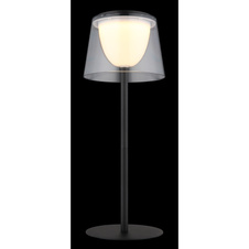 Stolní lampa, kov černý, plast průhledný/černý, dotykové zapínání/vypínání, plynulý dotykový stmívač, paměťová funkce, bez adaptéru, USB-A - USB-C, IP44, nabíjí se a svítí 3h, svítí během nabíjení, ø: 130mm, V: 340mm, LED 1,8W 230V 150lm 3000K