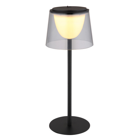 Stolní lampa, kov černý, plast kouřový a černý, dotykové zapnutí/vypnutí, stmívatelná, plynulý dotykový stmívač, paměť, bez adaptéru, USB-A - USB-C, IP44, nabíjí se a svítí cca 3h, svítí během nabíjení, ø: 130mm, V: 340mm, LED 1,8W 230V 150lm 3000K