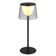 Stolní lampa, kov černý, plast kouřový a černý, dotykové zapnutí/vypnutí, stmívatelná, plynulý dotykový stmívač, paměť, bez adaptéru, USB-A - USB-C, IP44, nabíjí se a svítí cca 3h, svítí během nabíjení, ø: 130mm, V: 340mm, LED 1,8W 230V 150lm 3000K