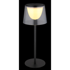 Stolní lampa, kov černý, plast kouřový a černý, dotykové zapnutí/vypnutí, stmívatelná, plynulý dotykový stmívač, paměť, bez adaptéru, USB-A - USB-C, IP44, nabíjí se a svítí cca 3h, svítí během nabíjení, ø: 130mm, V: 340mm, LED 1,8W 230V 150lm 3000K