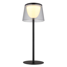 Stolní lampa, kov černý, plast kouřový a černý, dotykové zapnutí/vypnutí, stmívatelná, plynulý dotykový stmívač, paměť, bez adaptéru, USB-A - USB-C, IP44, nabíjí se a svítí cca 3h, svítí během nabíjení, ø: 130mm, V: 340mm, LED 1,8W 230V 150lm 3000K